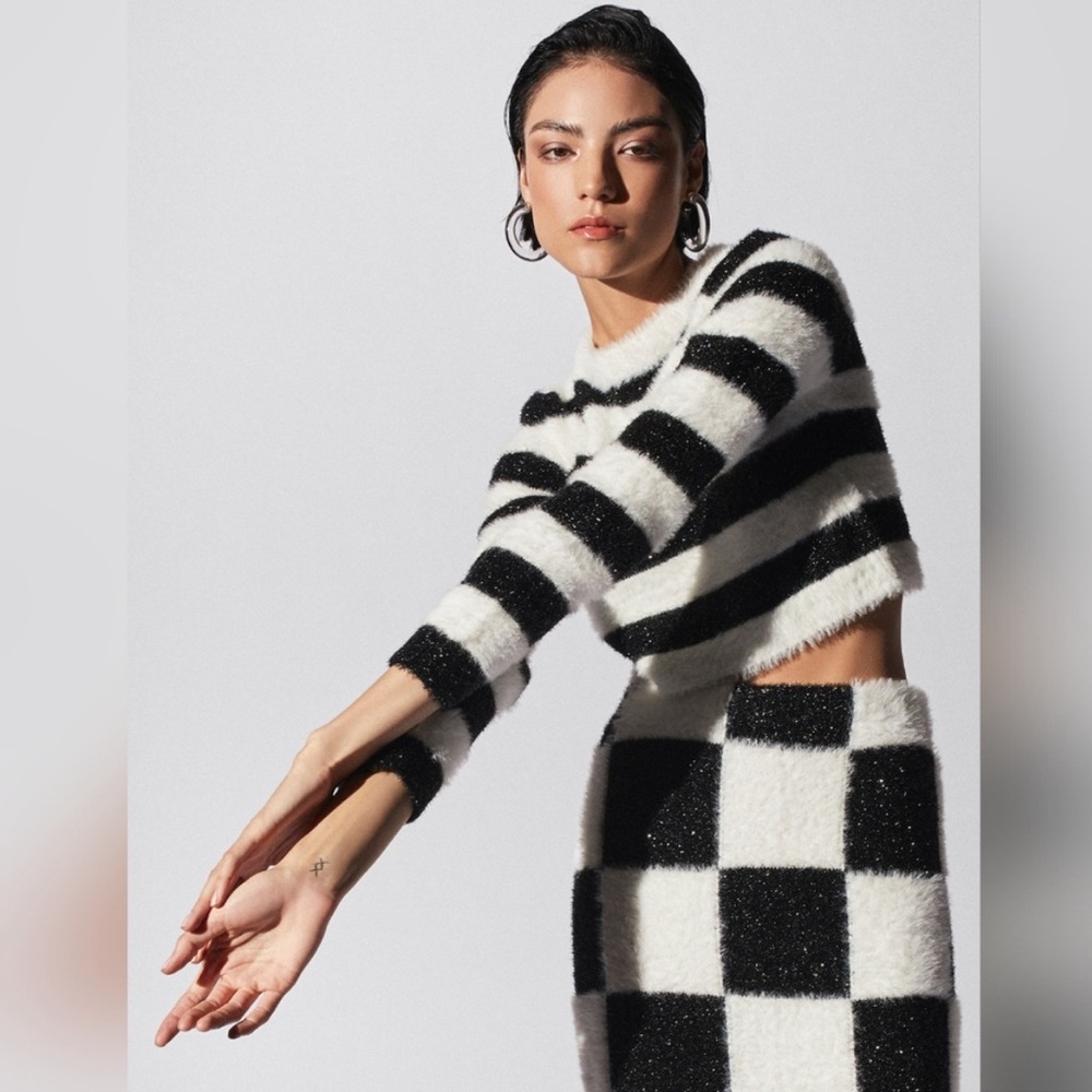 BCBG MaxAzria Elenora fuzzy striped sweater and checkered skirt RARE S M